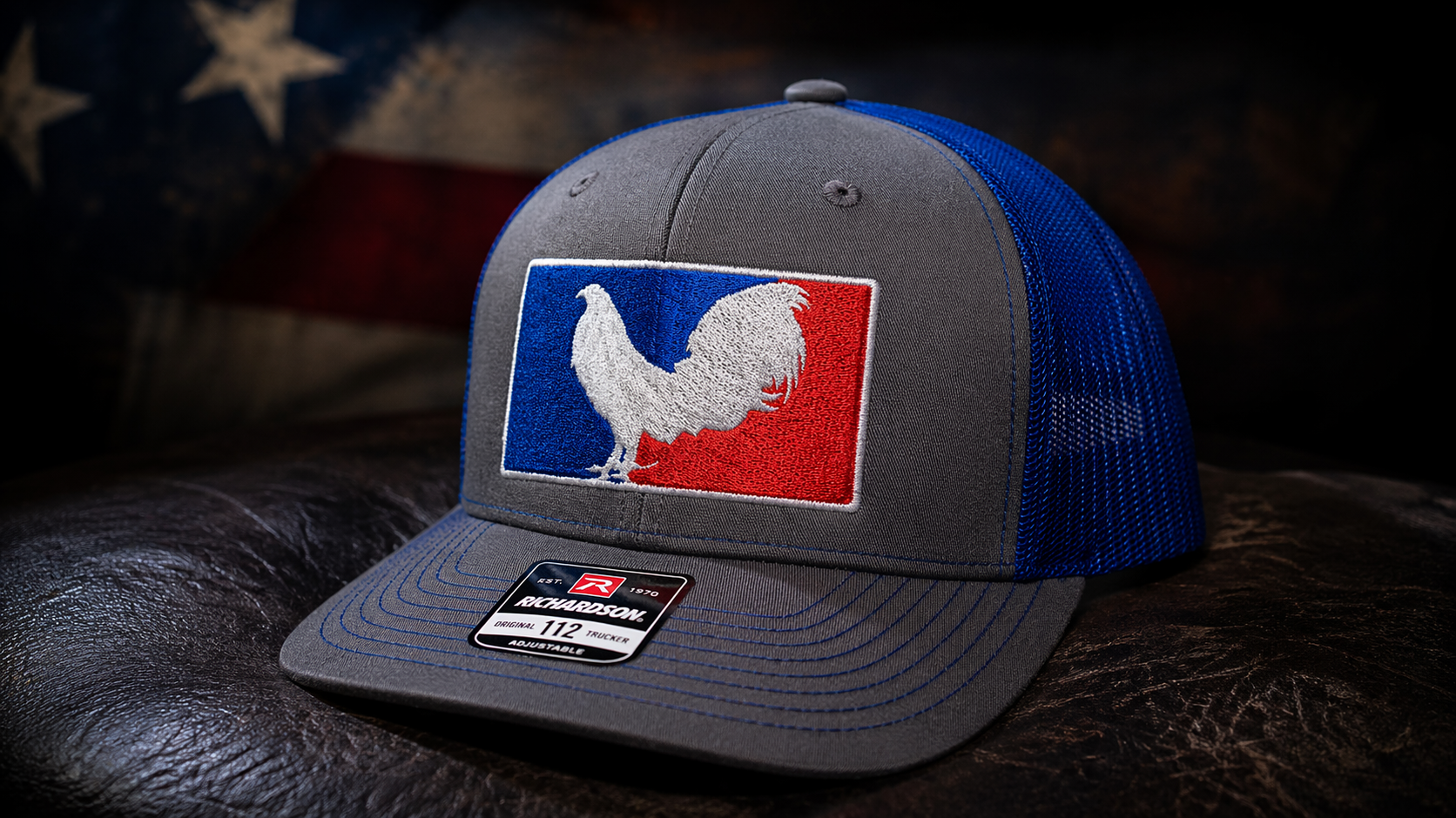 Custom rooster patch charcoal blue trucker cap, Lakeside Ink & Threadz Onalaska TX