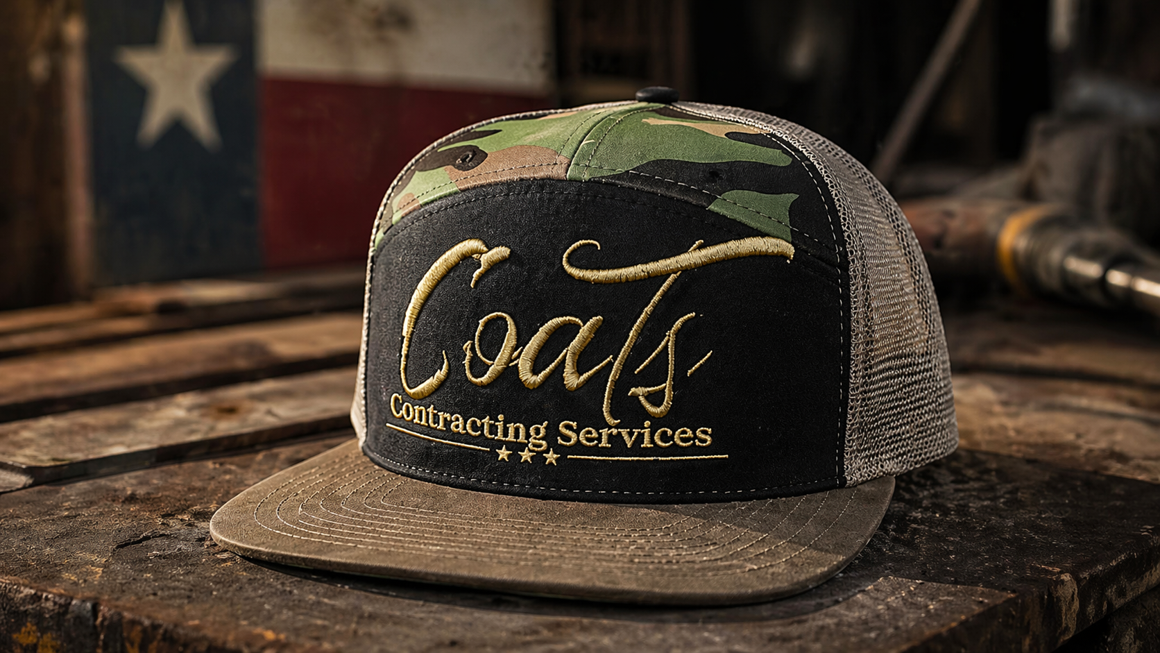 Coats Contracting Services custom camo embroidered snapback, L.I.T. Onalaska TX