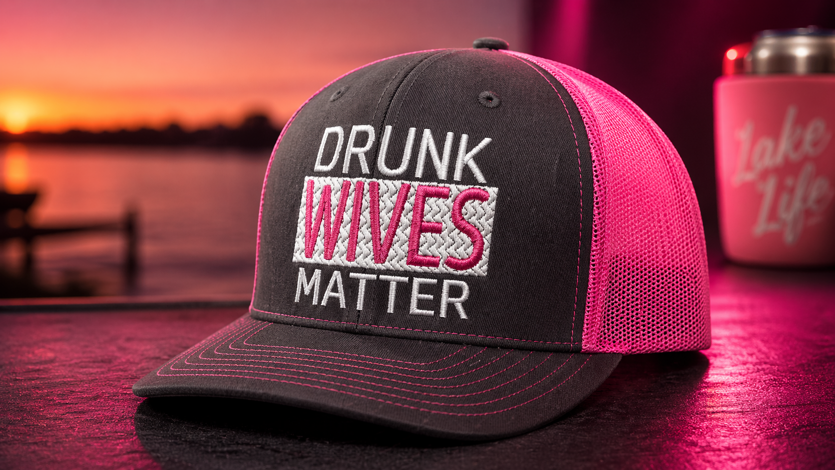 Drunk Wives Matter charcoal and pink custom embroidered trucker cap, Onalaska TX