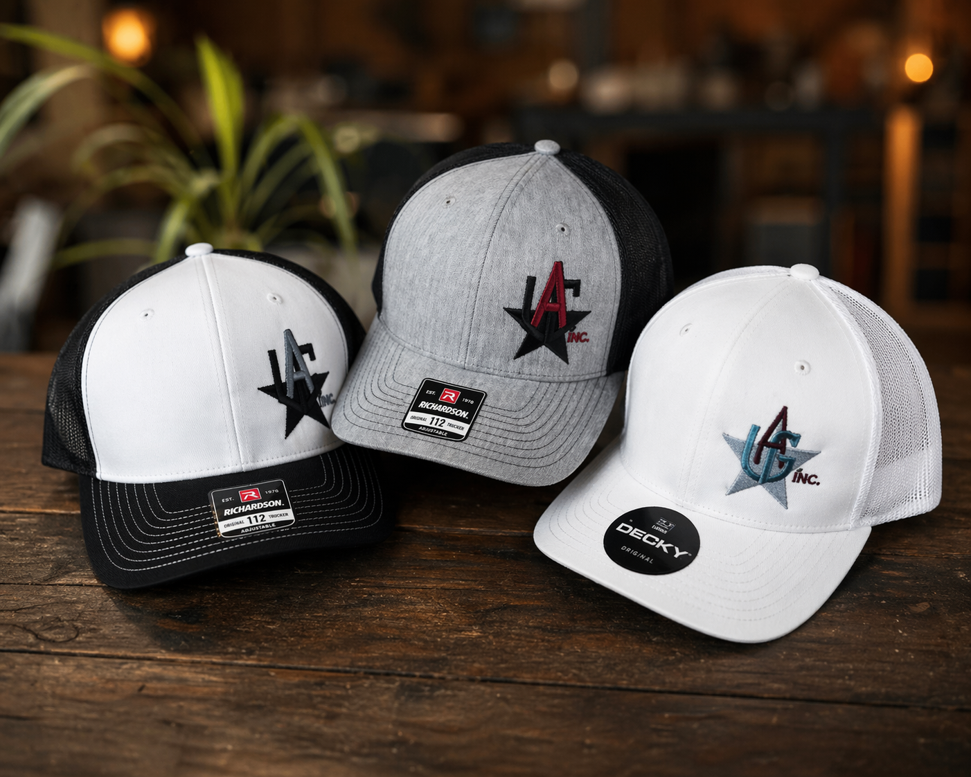 Custom embroidered hats studio display - Lakeside Ink & Threadz, Onalaska TX