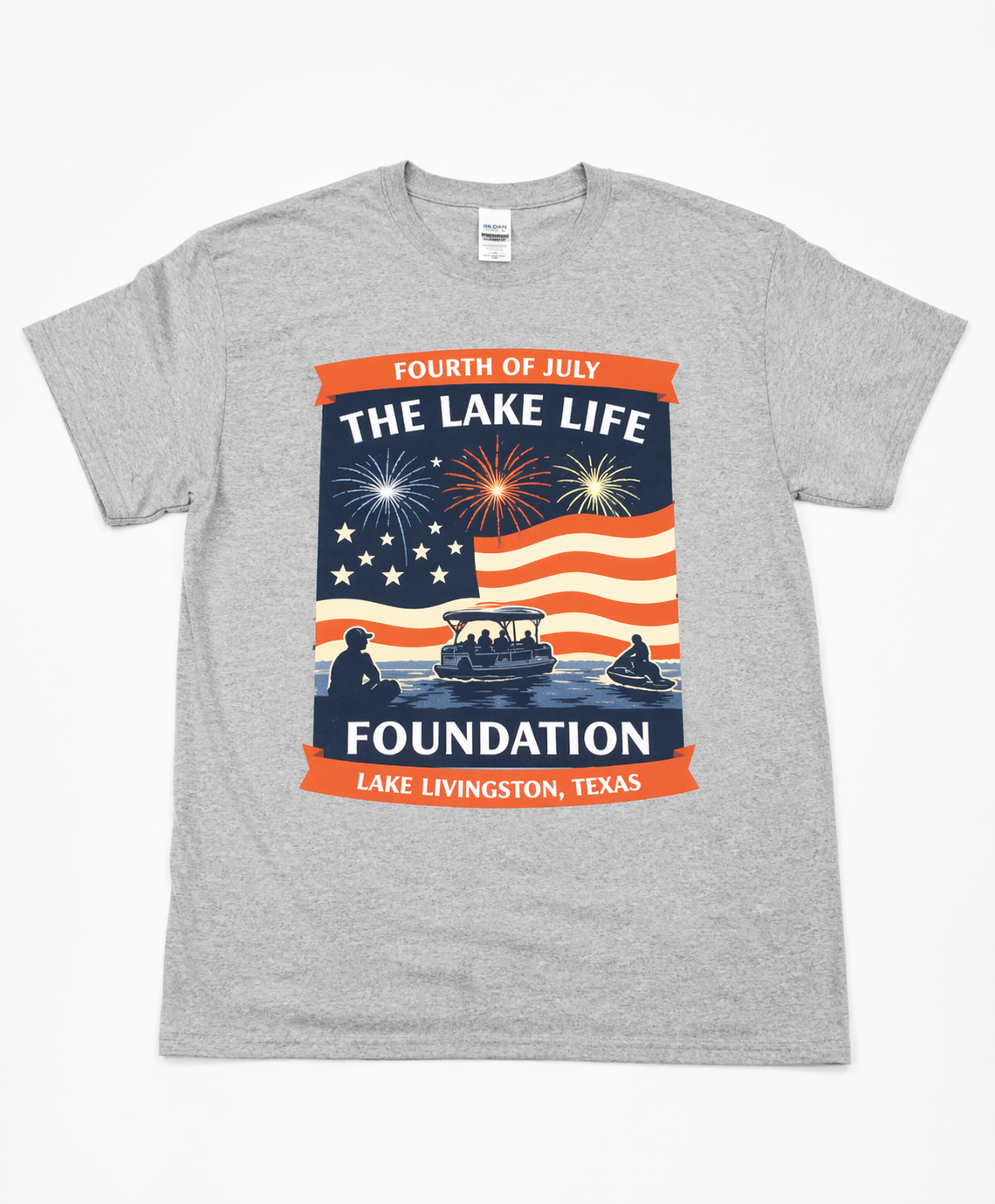 Close-up of DTF print quality on gray t-shirt, Lake Livingston Texas custom apparel