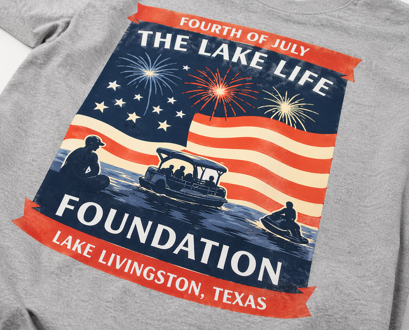 Woman wearing custom DTF printed shirt at Lake Livingston Texas, Lakeside Ink & Threadz