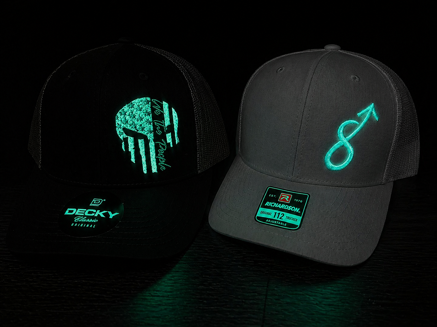 Glow-in-the-dark embroidered trucker caps
