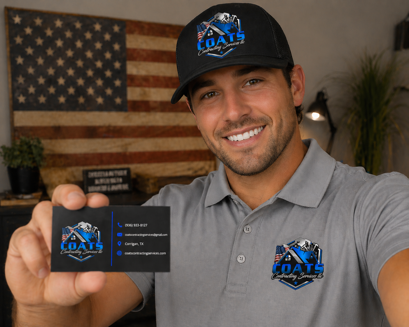 Coats Contracting Services branded hat polo and business card - Lakeside Ink & Threadz, Onalaska TX
