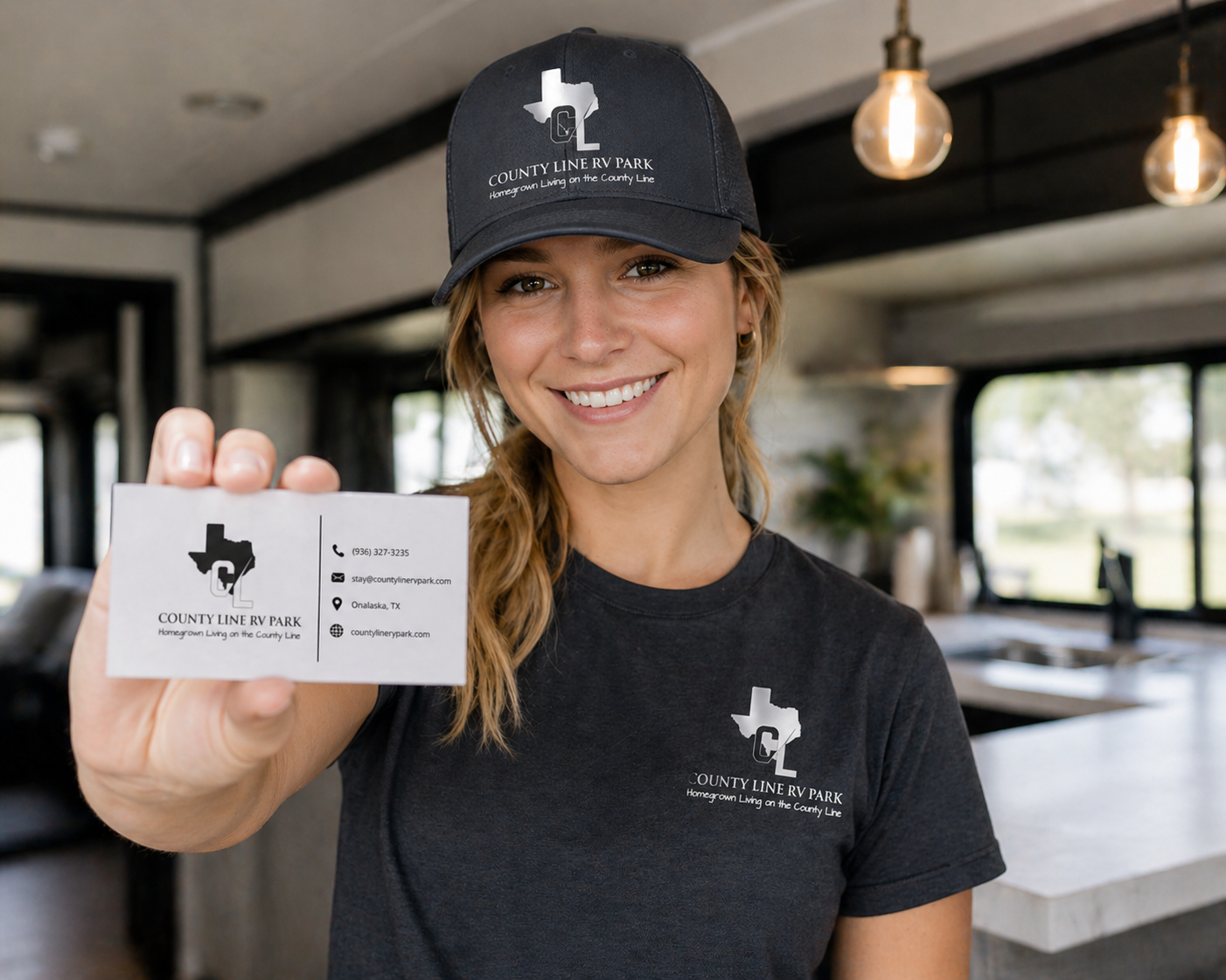 County Line RV Park branded shirt and business card