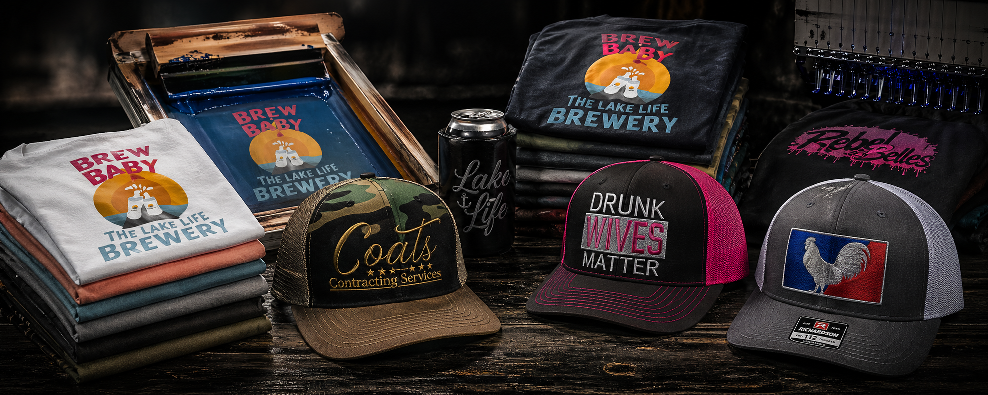 Custom branded merchandise showcase with shirts hats koozies - Lakeside Ink & Threadz, Onalaska TX