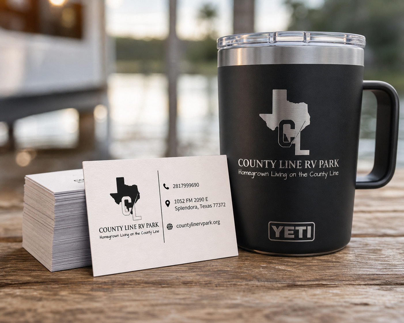 County Line RV Park business cards and branded Yeti mug - Lakeside Ink & Threadz, Onalaska TX