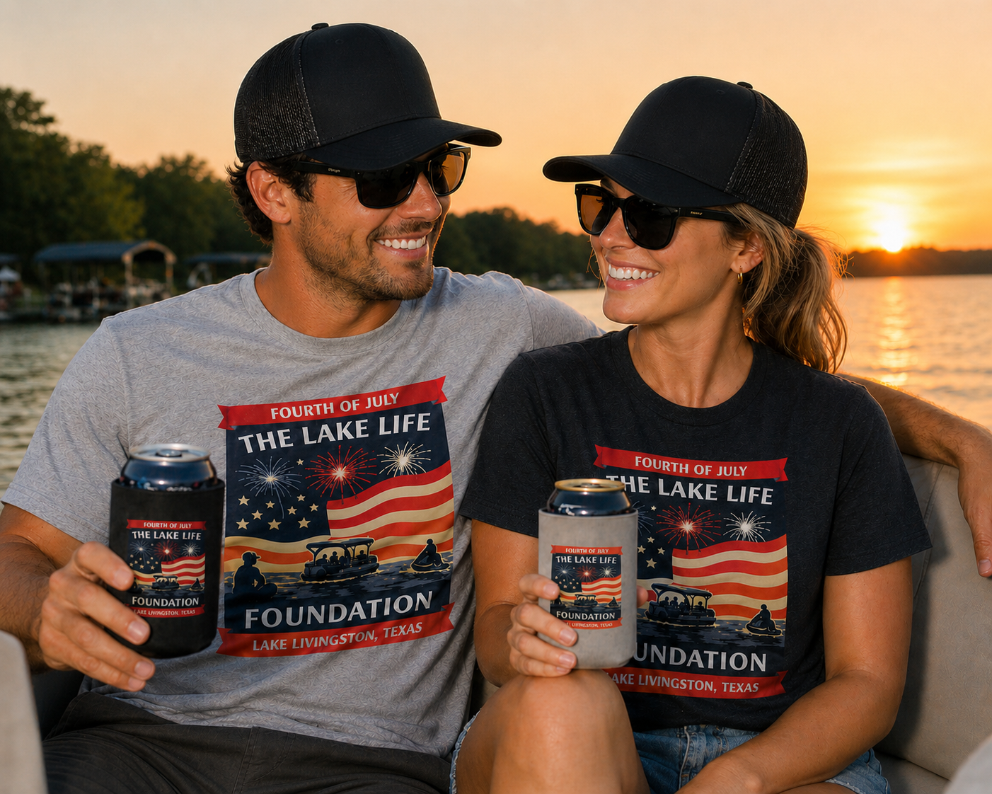 Lake Life Foundation matching shirts and koozies at sunset