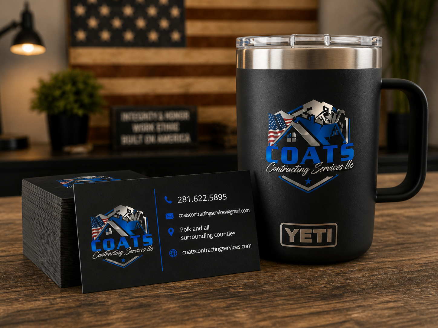 Coats Contracting Services business cards and branded Yeti mug - Lakeside Ink & Threadz, Onalaska TX